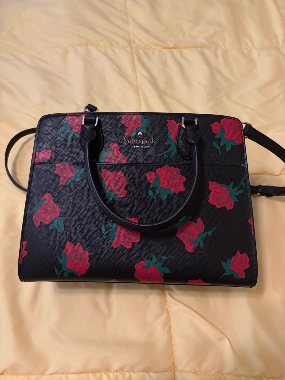 kate spade black handbag with red rose print - Picture 2 of 6